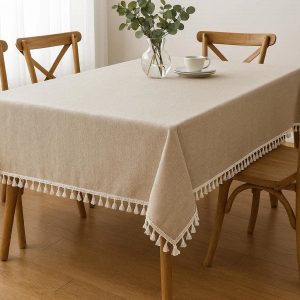 18 Stain Resistant Cotton Linen Tablecloth Farmhouse Style Tassel Edge Table Cover For Rectangular Dining Tables