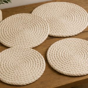 4 Round Woven Cotton Placemats Farmhouse Boho Style Braided Table Mats Heat Resistant Kitchen Dining Room Mats