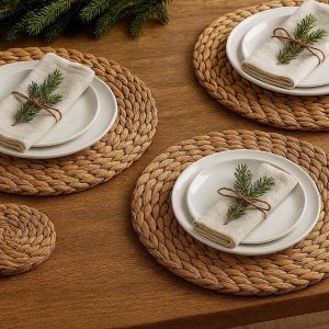 5 Natural Water Hyacinth Placemats Handwoven Round Rattan Table Mats Rustic Thick Wicker Coasters For Holiday Dining