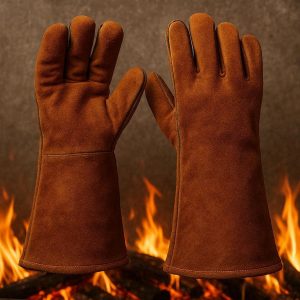 Heavy Duty Leather BBQ Gloves Heat Resistant Welding Gloves For Outdoor Grilling Smoking Fireplace Fire Pit Wood Stove